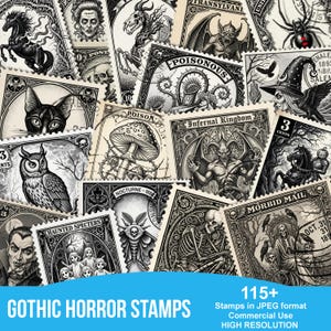 Peut inclure: Une collection de timbres d'horreur gothique en noir et blanc. Les timbres présentent des illustrations d'un chat noir, d'un hibou, d'un vampire, d'une sorcière et d'autres images effrayantes. Le texte "GOTHIC HORROR STAMPS" est en bas.