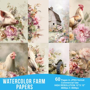 Páginas para impressão de diário de fazenda em aquarela, kit de diário de fazenda, papel para diário de fazenda no campo, papel digital para decoupage