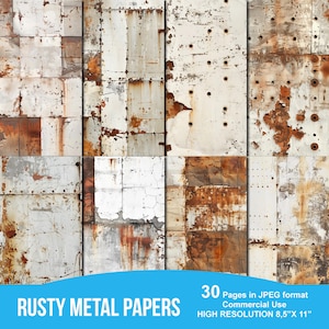 May include: 30 digital papers featuring rusty metal textures in various shades of white, brown, and orange. The papers are high resolution and measure 8.5 inches by 11 inches.