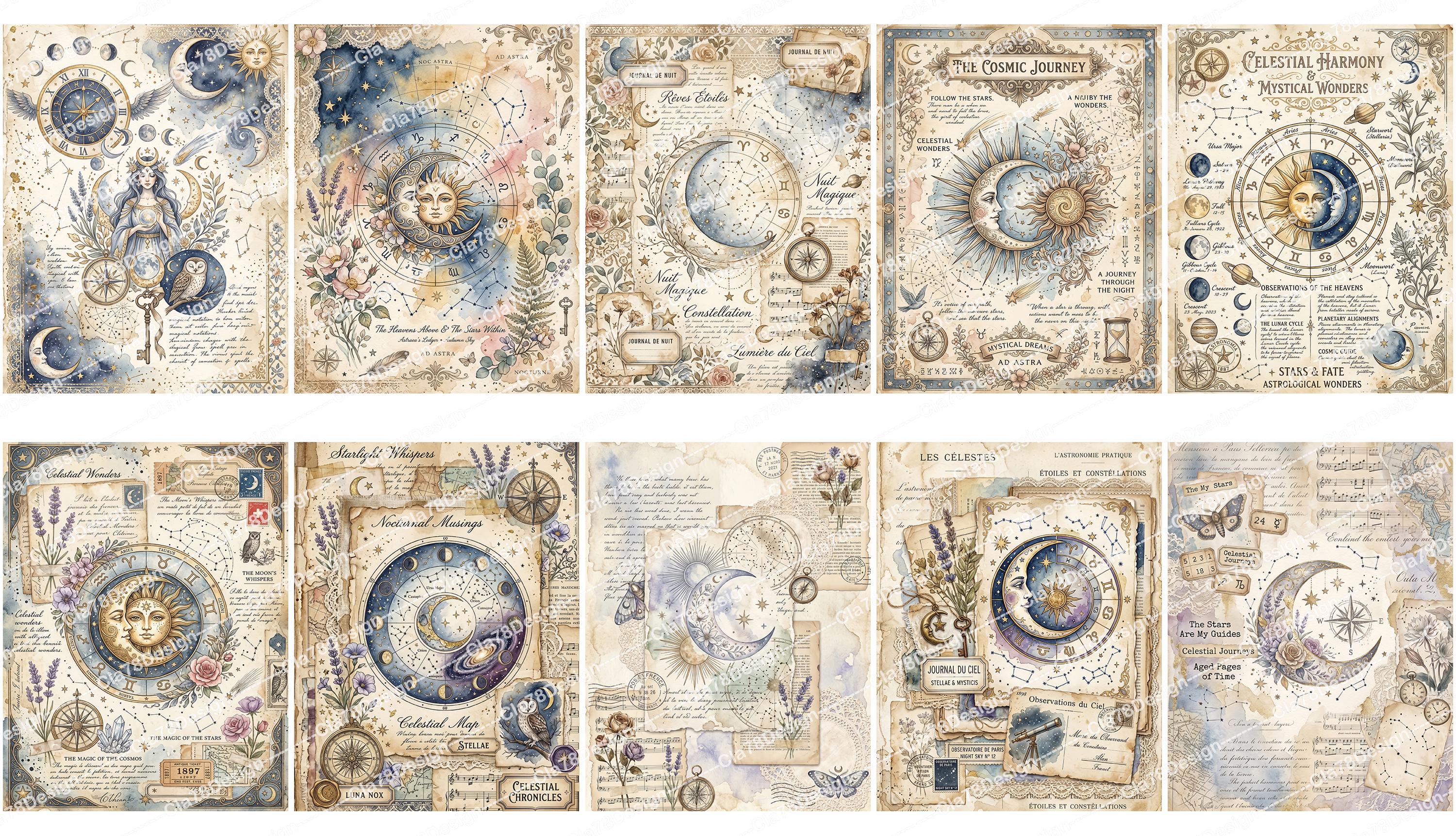Celestial Digital Paper, Vintage Sun and Moon Junk Journal Pages ...