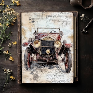 K&ouml;nnte beinhalten: Ein rotes Oldtimer-Auto mit schwarzem K&uuml;hlergrill und Scheinwerfern, realistisch gezeichnet auf einer Seite eines Journals mit handschriftlichem Text.