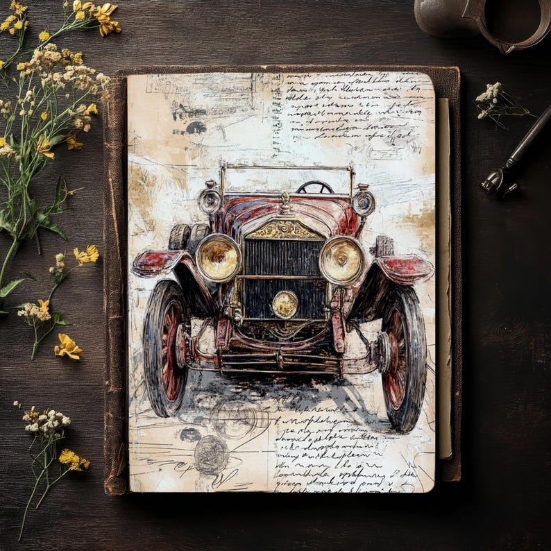 K&ouml;nnte beinhalten: Ein rotes Oldtimer-Auto mit schwarzem K&uuml;hlergrill und Scheinwerfern, realistisch gezeichnet auf einer Seite eines Journals mit handschriftlichem Text.