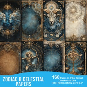 Pode incluir: Uma coleção de papéis do zodíaco e celestiais com molduras douradas e azuis ornamentadas. A imagem apresenta ilustrações de símbolos astrológicos, incluindo um carneiro, um arqueiro e uma balança. O texto diz "ZODIAC & CELESTIAL PAPERS" e "160 páginas em formato JPEG 14cm X 21.6cm"