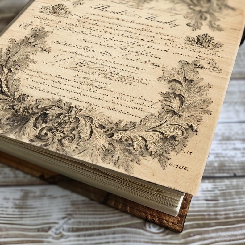 May include: A vintage-style journal with aged paper pages and a decorative, ornate border. The cover features handwritten script and a detailed floral design in shades of brown and beige. The journal is bound in a brown leather-like material.