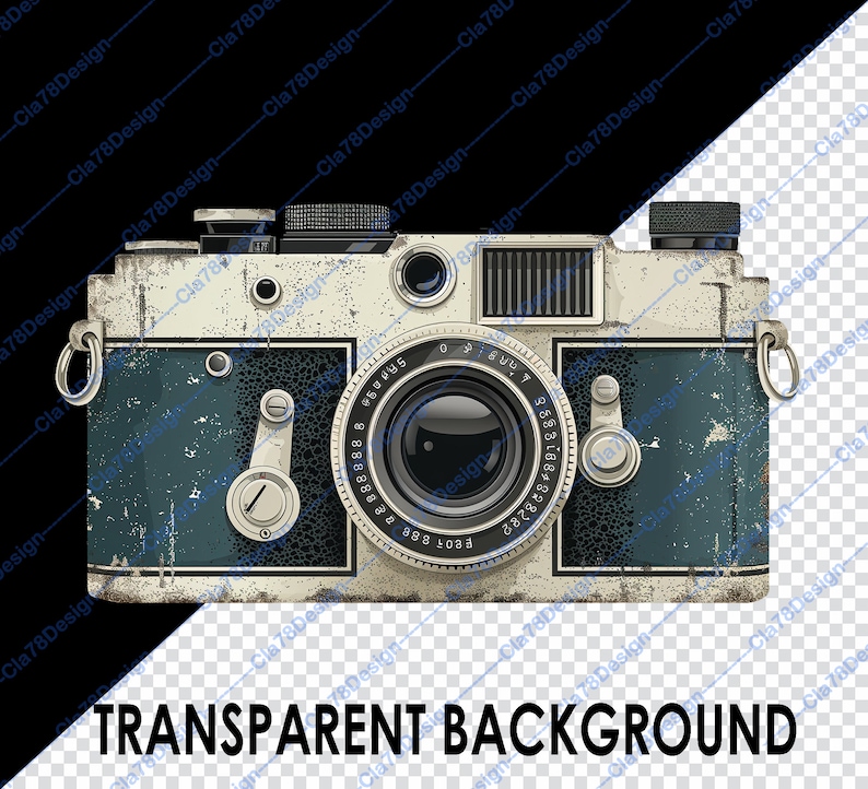 May include: A vintage camera with a silver body and a blue lens. The camera has a worn, distressed look, with visible scratches and scuffs. The lens has a series of numbers around it, and the camera has a small strap loop on each side.