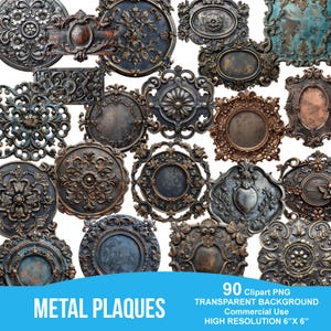 May include: A collection of 90 ornate metal plaques with intricate designs. The plaques are in various shades of gold, silver, and blue, and feature a variety of patterns, including floral motifs, hearts, and geometric shapes. The plaques are 6 inches by 6 inches and have a transparent background.