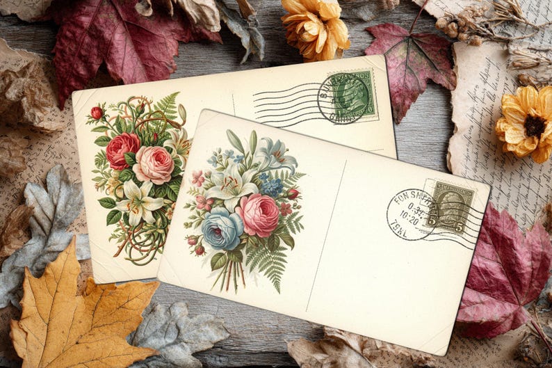 May include: Two vintage postcards with floral illustrations, featuring roses, lilies, and other flowers in shades of pink, red, and blue. The postcards have postage stamps and are surrounded by autumn leaves and dried flowers.