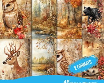 May include: A set of autumn-themed wood papers with illustrations of an owl, deer, bear, and forest scenes. The papers are in JPEG format, high resolution, and available in two sizes: 27.9 cm x 21.6 cm and 16.5 cm x 12.7 cm.