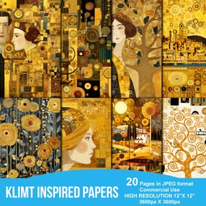 Carte ispirate a Gustav Klimt, carta digitale Klimt, uso commerciale, download digitale, file per sublimazione, carte per decoupage