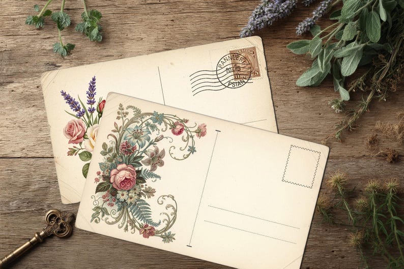 May include: Two vintage postcards with floral designs, one featuring roses and lavender, the other with an ornate arrangement. The postcards are on a rustic wooden surface, with a decorative key and sprigs of greenery.