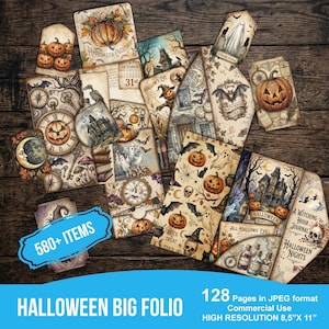 May include: A collection of Halloween-themed digital paper and ephemera featuring pumpkins, ghosts, haunted houses, skulls, and clocks. The set includes 580+ items across 128 pages in JPEG format, with high resolution 8.5" x 11" dimensions.