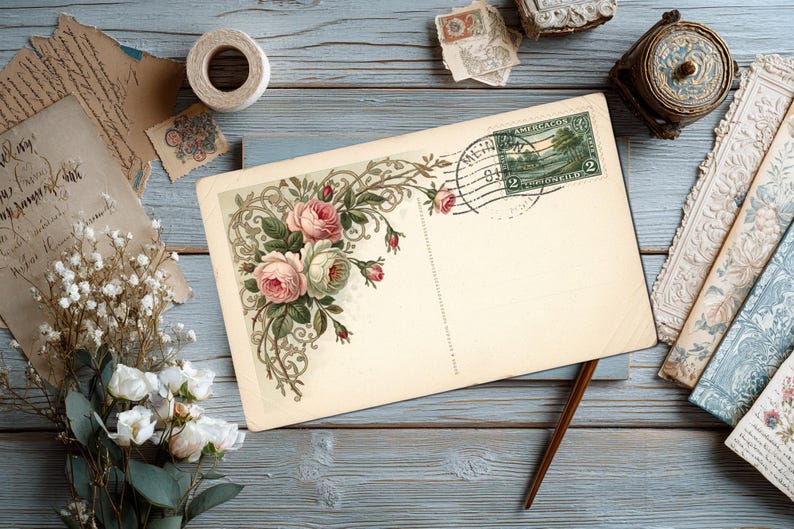 May include: Vintage postcard with a floral design featuring pink and white roses, a green stamp, and a postmark. The postcard is on a blue wooden surface, with other vintage items like stamps and flowers.