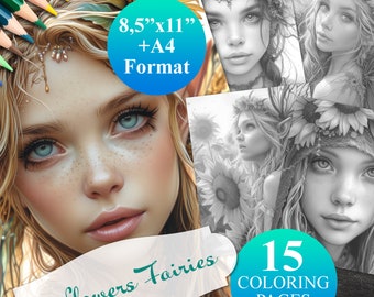 15 Sunflowers Fairies Coloring Pages + Cover, Printable Adult Coloring Book, Instant Download Illustration, 4 PDF files 8,5"x11" and A4