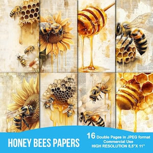 Puede incluir: Un conjunto de 16 papeles digitales con abejas, panales y girasoles. Los papeles están en formato JPEG de alta resolución y son perfectos para proyectos de manualidades y scrapbooking.