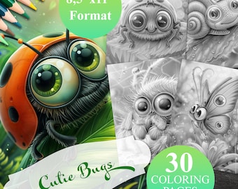 30 Cutie Bugs, Cute Insect Coloring Page Book, Adults and kids Instant Download Grayscale Coloring Page, Printable PDF