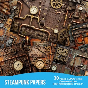 Op de afbeelding: Een gedetailleerd digitaal papierontwerp met steampunk-thema. De afbeelding toont een collage van tandwielen, meters, pijpen en metalen platen in bruin-, koper- en messingtinten. De tekst "STEAMPUNK PAPERS" is zichtbaar. Papierformaat 27,9 cm x 21,6 cm.