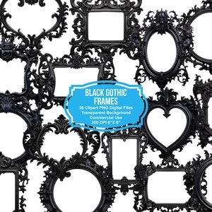 May include: Set of 26 black gothic style picture frames with ornate details. Each frame is 6 inches by 6 inches and has a transparent background.