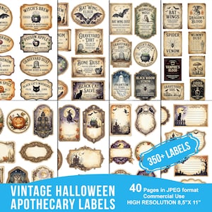 Puede incluir: Una colección de etiquetas de boticario de Halloween estilo vintage con diseños como Witch's Brew, Bat Wing Elixir y Graveyard Dirt. El set incluye más de 350 etiquetas en 40 páginas, con texto que indica dimensiones de 21,6 por 27,9 cm.