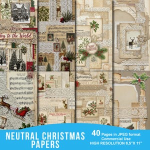 May include: A collage of vintage Christmas-themed papers with lace accents. The papers feature images of reindeer, Santa Claus, Christmas trees, and text that reads "Joy to the World", "Merry Christmas", and "Happy Christmas". The papers are 8.5" x 11".
