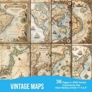 Può includere: Una collezione di mappe vintage con illustrazioni dettagliate di continenti e paesi. Le mappe includono testi come "Sud America" e "Francia", con illustrazioni di navi, animali e bussole. Il testo "Vintage Maps" è visualizzato in basso.