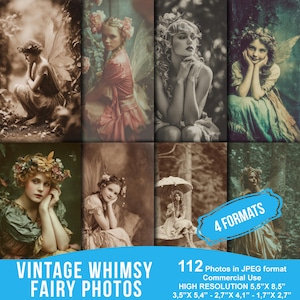 Photographies de fées vintage fantaisistes, feuille de techniques mixtes de fées surréalistes, images éphémères de fées fantaisistes, journal original vintage, papier de scrapbooking