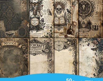 Vintage Grimoire Digital Papers, Witchcraft Spell Sheets, Dark Academia Junk Journal Kit, Occult Printable Backgrounds, Book of Shadows