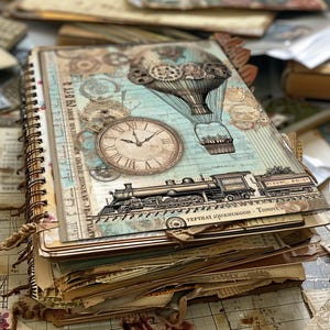 May include: A vintage-style journal with a brown leather cover and a spiral binding. The front cover features a steampunk-inspired design with a hot air balloon, clock, and train. The journal is filled with pages of old paper and ephemera.