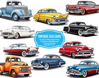 20 Vintage USA Cars Clipart 8&quot; x 8&quot; - Transparent Background Digital Download PNG Fussy Cuts - Commercial Use