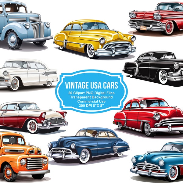 20 Vintage USA Cars Clipart 8" x 8" - Transparent Background Digital Download PNG Graphics - Commercial Use