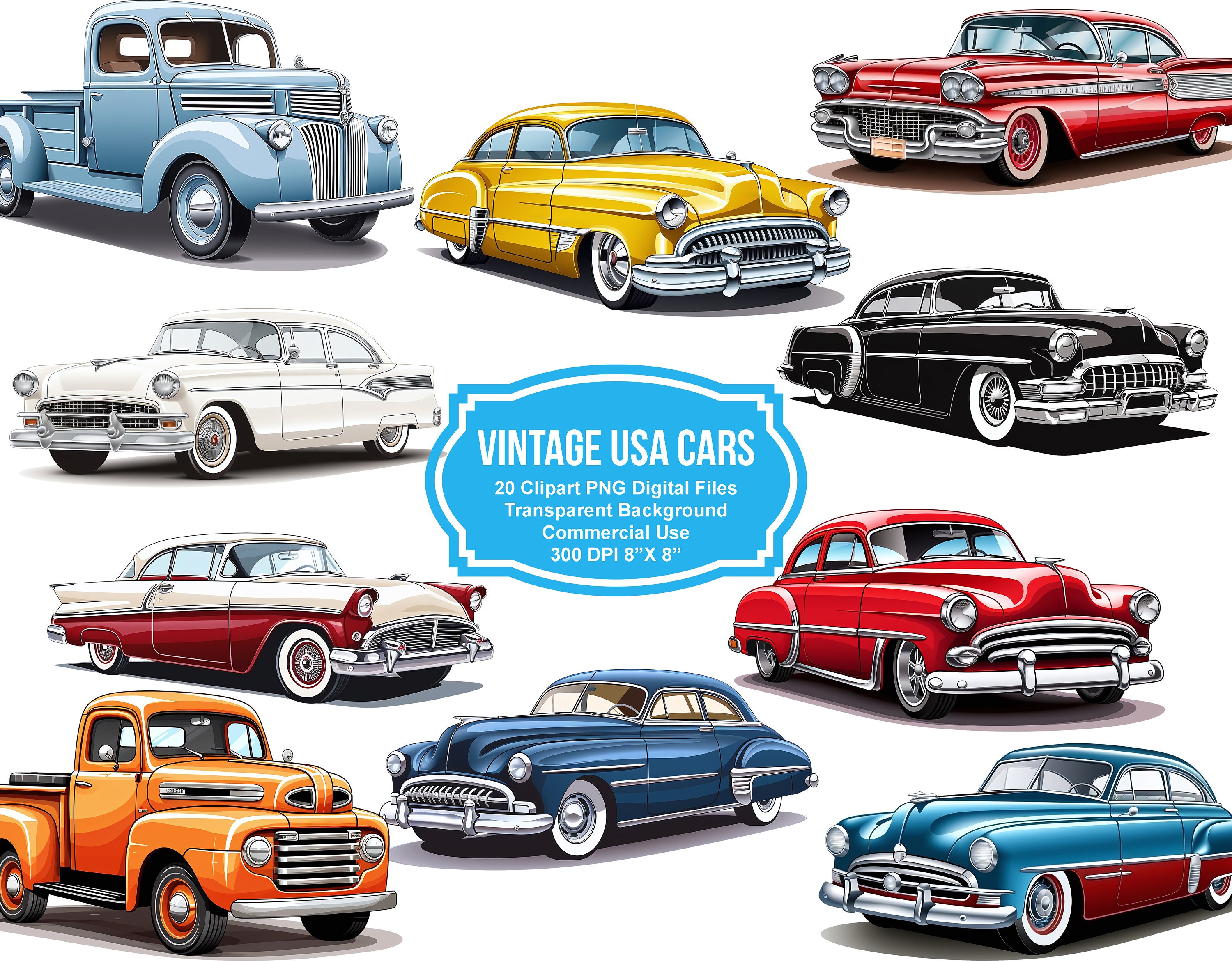 20 Vintage USA Cars Clipart 8" x 8" - Transparent Background Digital Download PNG Fussy Cuts - Commercial Use