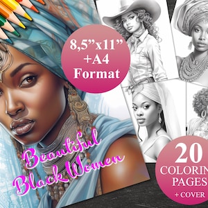20 Beautiful Black Women  Coloring Pages + Cover, Printable Adult Coloring Book, Instant Download Illustration | 2 PDF files 8,5&quot;x11&quot; and A4