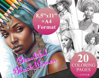 20 Beautiful Black Women  Coloring Pages + Cover, Printable Adult Coloring Book, Instant Download Illustration | 2 PDF files 8,5&quot;x11&quot; and A4