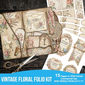 May include: A vintage floral folio kit with a variety of paper ephemera, including tags, envelopes, and decorative elements. The kit features floral designs, keys, and script details. Includes scissors and the text "VINTAGE FLORAL FOLIO KIT".
