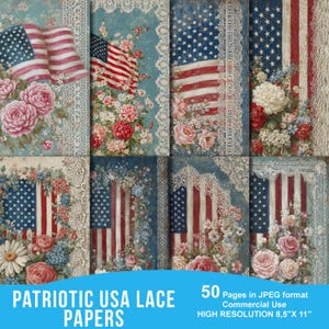 Carte digitali Patriotic America Lace, diario spazzatura americano, kit di sfondo per album vintage, stampabile USA, foglio collage del 4 luglio