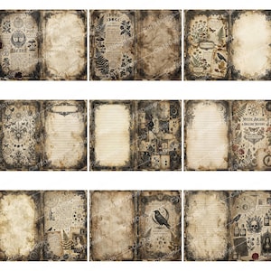 May include: A collection of vintage-style journal pages with a distressed, aged appearance. The pages feature botanical illustrations, handwritten text, and decorative borders in shades of brown, beige, and black. Some pages have lined paper, while others are blank.