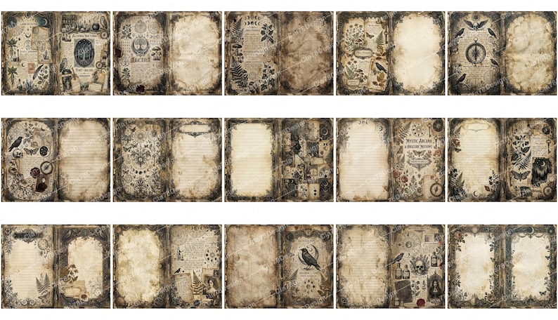 May include: A collection of vintage-style journal pages with a distressed, aged appearance. The pages feature botanical illustrations, handwritten text, and decorative borders in shades of brown, beige, and black. Some pages have lined paper, while others are blank.
