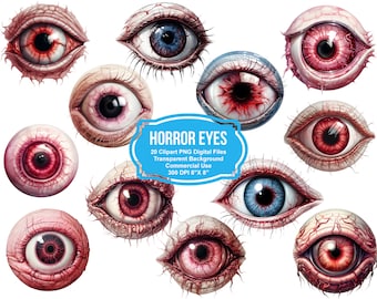 May include: A set of 20 digital clipart images of horror eyes. The eyes are red, blue, and black with various textures and details. The images are 300 DPI and 8 inches by 8 inches.