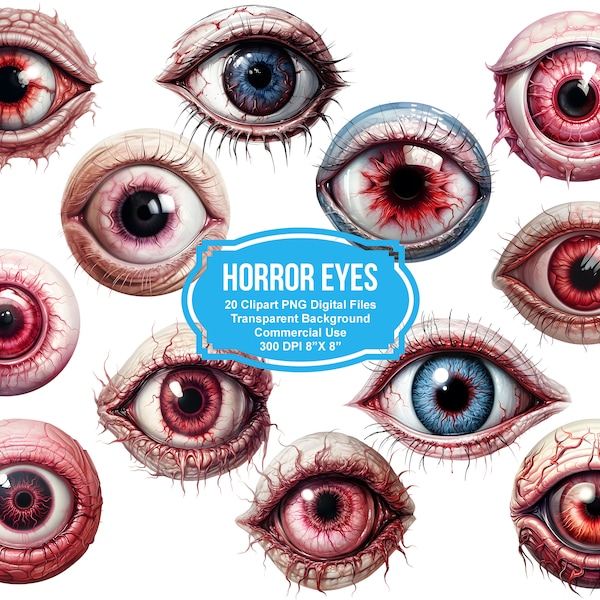 20 Horror Eyes Clipart  8" x 8" - Transparent Background Digital Download PNG Graphics - Commercial Use
