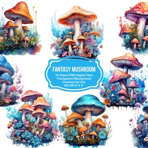 15 Fantasy Mushrooms Clipart 6&quot; x 6&quot; - Transparent Background Digital Download PNG Graphics - Commercial Use