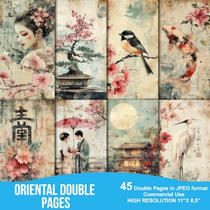 May include: A set of 45 digital paper designs featuring a variety of oriental themes, including cherry blossoms, birds, fish, and traditional Japanese architecture. The papers are in a high resolution JPEG format and are perfect for scrapbooking, card making, and other craft projects.