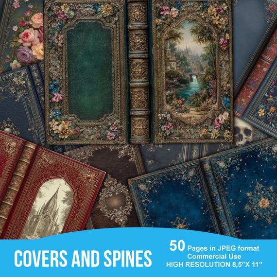 Vintage Book Covers and Spines, Journal Cover and Spine, Junk Journal Kit, Dark Academia, Old Fashioned, Digital Papers, Digital Download