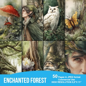 Papeles digitales de Bosque Encantado: páginas de diario basura de bosque místico para scrapbooking, collages de naturaleza y efímeras de cuentos de hadas.