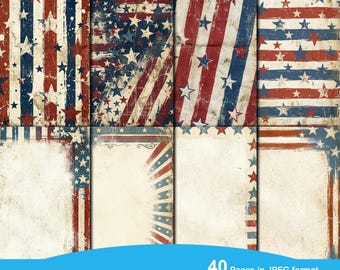 Distressed American Flag Digital Paper, Vintage Stars & Stripes Backgrounds, Patriotic Junk Journal, 4th of July Scrapbook Printables