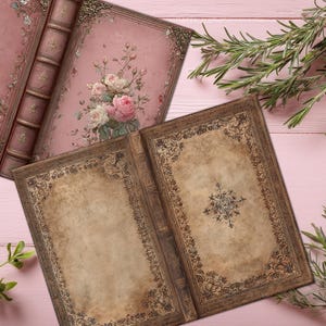 May include: Two open antique-style books with floral and ornate designs. One book features pink pages with roses, while the other has aged-looking pages with a central design. Rosemary sprigs and a pink wooden surface complete the scene.