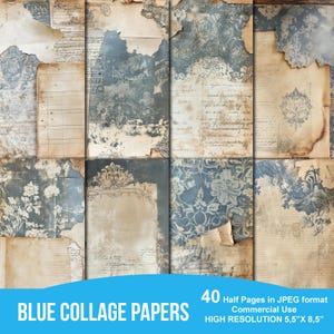 Kit de diario basura con collage azul, hojas digitales con textura grunge, hojas de álbumes de recortes, páginas vintage, efímeras, diario con páginas desgastadas, descarga instantánea