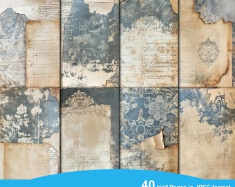 Zestaw dziennika Blue Collage Junk Journal, cyfrowy papier w połowie, tekstura grunge, arkusze, scrapbooking, vintage, efemerydy, zniszczone strony, dziennik, natychmiastowe pobranie