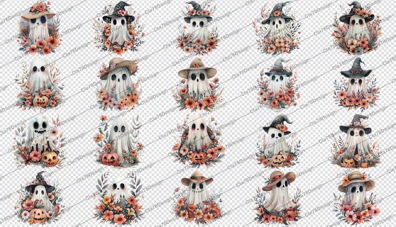 Watercolor Cute Ghost Clipart, 40 PNG Halloween Clipart Bundle, Cute ...