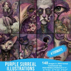 Illustrazioni surreali viola - Set di carta digitale fantasy sognante per scrapbooking, art journaling e progetti multimediali - Download immediato