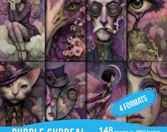 Purple Surreal Illustrations – Dreamy Fantasy Digital Paper Set for Scrapbooking, Art Journaling and Mixed Media Projects - Instant Download