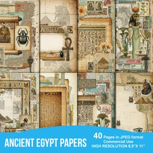 May include: A collage of antique-style papers with an Ancient Egypt theme. The papers feature hieroglyphs, pharaohs, scarabs, and other Egyptian motifs. The text "ANCIENT EGYPT PAPERS" is displayed at the bottom. The papers are 8.5" x 11".